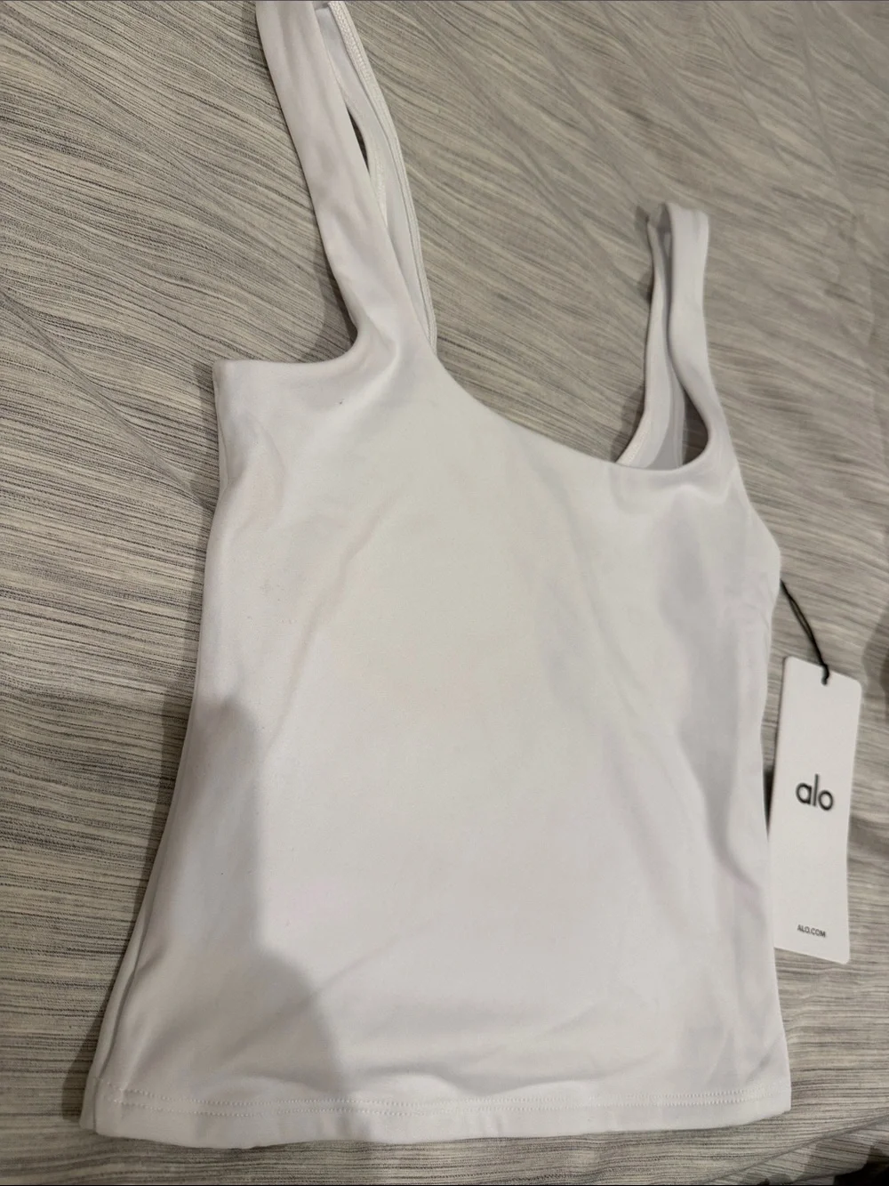 ALO Yoga White soft sculpt precision Scoop Tank with Center Logo on back